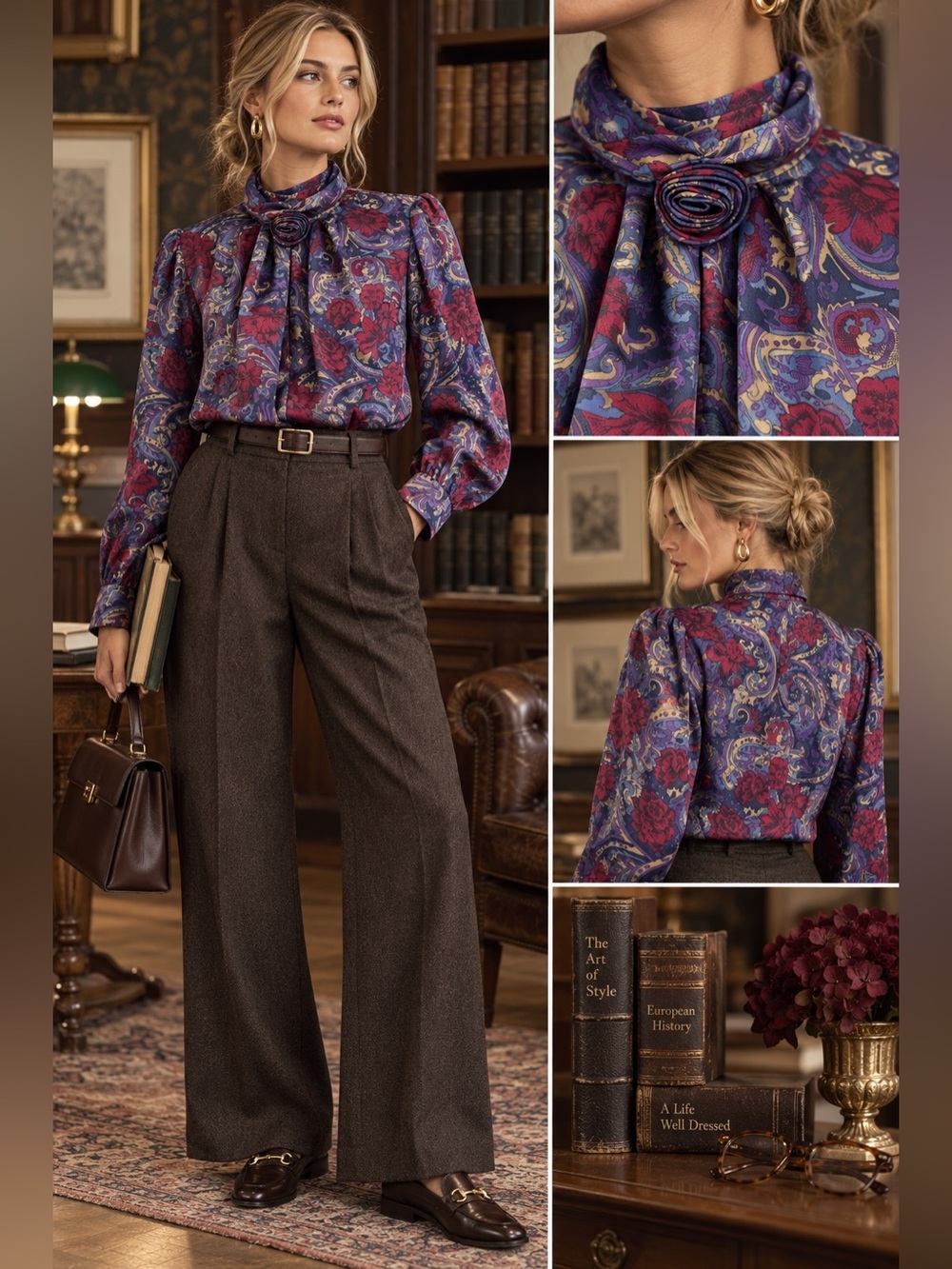 Vintage Peter’s & Ashley Women’s Floral Paisley Bow-Tie Blouse - Purple & Red